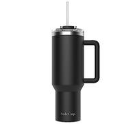 SoleCup. 40oz Travel Mug with Handle, Lid and Two Straws, Drinks Stay Hot for 8 Hours, Cold for 24 Hours, Double Wall Vacuum Insulated Stainless Steel Tumbler… (Black, 40oz)