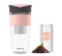 SoleCup. Large Travel Mug Loose Tea Infuser - Detachable Tea Strainer with Spill Proof Lid - 18oz/530ml BPA-Free Reusable Glass Travel Coffee Cup with Silicone Band (Grey and Pink, 530ml / 18oz)