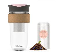 SoleCup. Large Travel Mug Loose Tea Infuser - Detachable Tea Strainer with Spill Proof Lid - 18oz/530ml BPA-Free Reusable Glass Travel Coffee Cup with Cork Band (Grey and Pink, 530ml / 18oz)