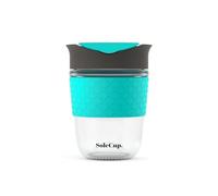 SoleCup. - Reusable Strengthened Glass Travel Cup - Spill Proof Coffee Mug - 12oz/340ml BPA-Free Hot Drink Travel Mug with Lid & Silicone Band (Grey and Blue, 12oz / 340ml)