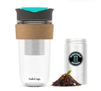 SoleCup. Travel Mug Loose Tea Infuser - Detachable Tea Strainer with Spillproof Lid - BPA-Free Reusable Glass Travel Coffee Cup with Cork Band (Grey and Blue, 530ml / 18oz)