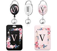 Soleebee 2 Pack A-Z Letter ID Badge Holder with Retractable Reel, Cute Black Pink ID Badges, Durable Keychain, Heavy Duty Badge Reel for Nurse Student Teacher Office Staff V