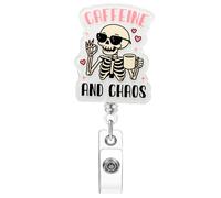Soleebee Funny Halloween Skeleton Badge Reel, Caffeine and Chaos Retractable Badge Holder, Nurse ID Badge Clip with 360° Swivel Alligator Clip for Students RN LPN CNA MA Medical Worker Teacher Doctor