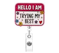 Soleebee Hello I Am Trying My Best Badge Reel, Nurse Work Badge Holder with Retractable Clip, ID Badge Clip with 360° Swivel Alligator Clip for Students LPN CNA MA Medical Worker Teacher Doctor