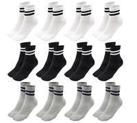 Soleeya 12 Pairs Boys Socks Kids Girls Sports Crew Socks Black White Grey 6-15 Years, Striped Cotton Ankle Athletic Socks for School Home Casual (6-8 years)