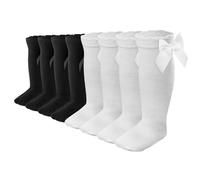 Soleeya 4 Pairs Girls Knee High School Socks with Bows 5-7 Years Cotton Back to School Long Socks for Girls with Fluffy Ribbons Bow for Uniform Casual Daily Wear (B+W)