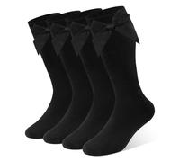Soleeya 4 Pairs Girls Knee High School Socks with Bows 8-15 Years Black Cotton Long School Bow Socks for Girls Uniform Back to School Party Wear (A)