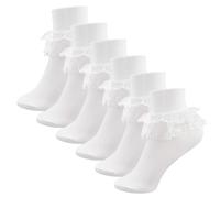 Soleeya 6 Pairs White Frilly Ankle Socks Girls with Double Lace Trim 4-6 Years, Breathable Cotton Ruffle Ankle Socks Girls for School Home Everyday Wear