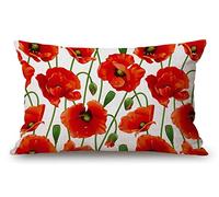 Solekla Red Poppy Flowers Waist Lumbar Cotton Linen Throw Pillow case Cushion Cover for Sofa Home Decorative Oblong 12x20 Inches
