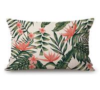 Solekla Throw Pillow Cover Beach Cheerful Tropical Dark Green Leaves of Palm Trees and Flowers Decorative Pillow Case Home Decor 20x12 Inches Pillowcase