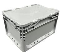 Solent Plastics 20 Litre Hinged Lid Euro Storage Box, Heavy Duty Plastic Container 400x300x235mm, Stackable Industrial Storage Crate with Snap-Shut Lid & Handgrips, Grey