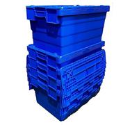Solent Plastics 5 x 60 Litre Heavy Duty Blue Rectangular Plastic Box with Ribbed Surface and Snap-on Lid - Stackable, Lockable, Water Resistant - Large Storage Box