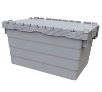 Solent Plastics 5 x Attached Lidded Plastic Box 60 Litres - Recycled Plastic Storage Box Container Crate Tote - Attached Lid Box