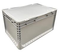 Solent Plastics 66 Litre Hinged Lid Euro Storage Box, Heavy Duty Plastic Container 600x400x335mm, Stackable Industrial Storage Crate with Snap-Shut Lid & Handgrips, Grey