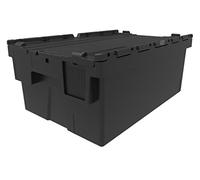 Solent Plastics Heavy Duty 100% Recycled Plastic 44 Litre Attached Lidded Container Storage Box Totes (60 x 40 x 25cm) Black - Pack of 2