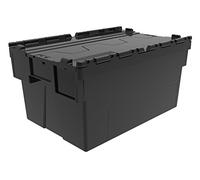 Solent Plastics Heavy Duty 100% Recycled Plastic 56 Litre Attached Lidded Container Storage Box Totes L 60 x W 40 x H 31cm Black - Pack of 5