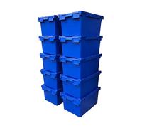 Solent Plastics Pack of 10 x Large BLUE Heavy Duty Attached Lid Storage Box - 80 Litre Capacity (71 x 46 x 36.8cm)