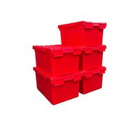 Solent Plastics Pack of 5 Boxes x Large RED Heavy Duty Attached Lid Storage Box - 80 Litre Capacity (71 x 46 x 36.8cm)