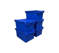 Solent Plastics Pack of 5 x Large BLUE Heavy Duty Attached Lid Storage Box - 80 Litre Capacity (71 x 46 x 36.8cm)