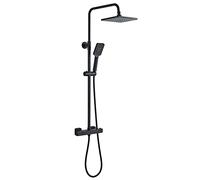 Solepearl Thermostatic Shower Mixer Set Matte Black, Square 38 °C Thermostat Shower Bar Set with 8" Rainfall Head, 3-Function Handheld Sprayer, Anti Scald Twin Head System, Adjustable Height