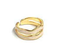 SOLIAXDIY RTT Jewelry Gold-Plated Copper Enamel Wave Ring - Adjustable Double Layer Ivory White Open Band, Minimalist Statement Ring for Women