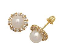 Solid 14ct CZ Gold Twelve Stones Pearl Screw Back Stud Earrings (yellow and White)-(Yellow Gold)-Stud Earring for Women