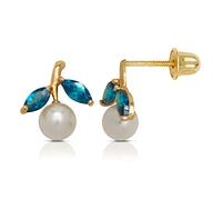 Solid 14ct CZ Yellow Gold Two Stones With Pearl Screw Back Stud Earrings (12 Color) (december)-Stud Earring for Women