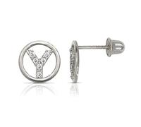 Solid 14ct White Gold Small Cubic Zirconia Circle A Z Letter Name Personalized Monogram Initial Stud Screw Back Earrings (initial: Y)-Stud Earring for Women