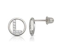 Solid 14ct White Gold Small Cubic Zirconia Circle A Z Letter Name Personalized Monogram Initial Stud Screw Back Earrings (initial: L)-Stud Earring for Women