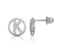 Solid 14ct White Gold Small Cubic Zirconia Circle A Z Letter Name Personalized Monogram Initial Stud Screw Back Earrings (initial: K)-Stud Earring for Women