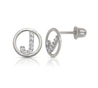 Solid 14ct White Gold Small Cubic Zirconia Circle A Z Letter Name Personalized Monogram Initial Stud Screw Back Earrings (initial: J)-Stud Earring for Women