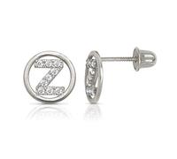 Solid 14ct White Gold Small Cubic Zirconia Circle A Z Letter Name Personalized Monogram Initial Stud Screw Back Earrings (initial: Z)-Stud Earring for Women