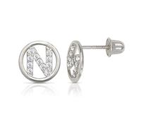 Solid 14ct White Gold Small Cubic Zirconia Circle A Z Letter Name Personalized Monogram Initial Stud Screw Back Earrings (initial: N)-Stud Earring for Women