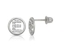Solid 14ct White Gold Small Cubic Zirconia Circle A Z Letter Name Personalized Monogram Initial Stud Screw Back Earrings (initial: E)-Stud Earring for Women