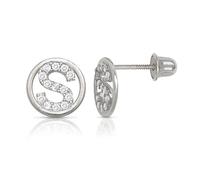 Solid 14ct White Gold Small Cubic Zirconia Circle A Z Letter Name Personalized Monogram Initial Stud Screw Back Earrings (initial: S)-Stud Earring for Women