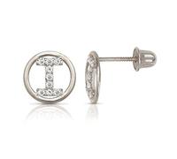 Solid 14ct White Gold Small Cubic Zirconia Circle A Z Letter Name Personalized Monogram Initial Stud Screw Back Earrings (initial: I)-Stud Earring for Women