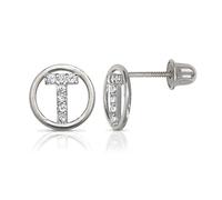 Solid 14ct White Gold Small Cubic Zirconia Circle A Z Letter Name Personalized Monogram Initial Stud Screw Back Earrings (initial: T)-Stud Earring for Women