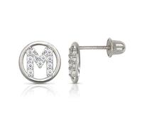 Solid 14ct White Gold Small CZ Circle A Z Letter Name Personalized Monogram Initial Alphabet Stud Screw Back Earrings (initial: M)-Stud Earring for Women