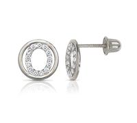 Solid 14ct White Gold Small CZ Circle A Z Letter Name Personalized Monogram Initial Alphabet Stud Screw Back Earrings (initial: O)-Stud Earring for Women