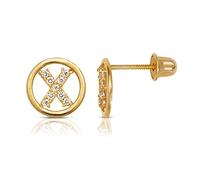Solid 14ct Yellow Gold Small Cubic Zirconia Circle A Z Letter Name Personalized Monogram Initial Stud Screw Back Earrings (initial: X)-Stud Earring for Women