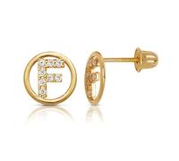 Solid 14ct Yellow Gold Small Cubic Zirconia Circle A Z Letter Name Personalized Monogram Initial Stud Screw Back Earrings (initial: F)-Stud Earring for Women