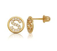 Solid 14ct Yellow Gold Small Cubic Zirconia Circle A Z Letter Name Personalized Monogram Initial Stud Screw Back Earrings (initial: S)-Stud Earring for Women