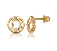 Solid 14ct Yellow Gold Small Cubic Zirconia Circle A Z Letter Name Personalized Monogram Initial Stud Screw Back Earrings (initial: D)-Stud Earring for Women