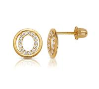 Solid 14ct Yellow Gold Small Cubic Zirconia Circle A Z Letter Name Personalized Monogram Initial Stud Screw Back Earrings (initial: O)-Stud Earring for Women