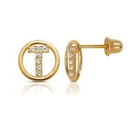 Solid 14ct Yellow Gold Small Cubic Zirconia Circle A Z Letter Name Personalized Monogram Initial Stud Screw Back Earrings (initial: T)-Stud Earring for Women
