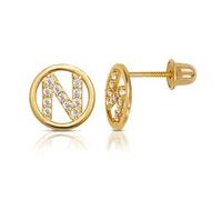 Solid 14ct Yellow Gold Small Cubic Zirconia Circle A Z Letter Name Personalized Monogram Initial Stud Screw Back Earrings (initial: N)-Stud Earring for Women