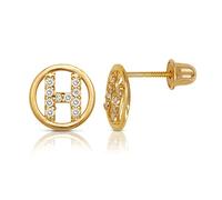Solid 14ct Yellow Gold Small Cubic Zirconia Circle A Z Letter Name Personalized Monogram Initial Stud Screw Back Earrings (initial: H)-Stud Earring for Women