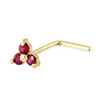 Solid 14K Gold 3 Stone 0.030 ctw Ruby Nose Stud - Nose Bone / L Shape / Nose Screw - July Birthstone Nose Stud, Metal, Ruby