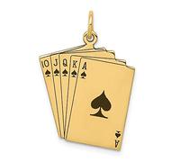 Solid 14k Yellow Gold Enameled Royal Flush Poker Texas Hold Em Playing Cards Charm Pendant (26mm x 18mm)