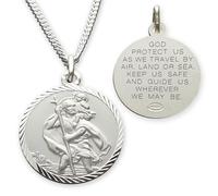 Solid 925 Sterling Silver 20mm Diamond Cut Round St Christopher Medal Pendant With Travellers Prayer and 1.6mm Wide Diamond Cut Curb Chain 20" In Gift Box